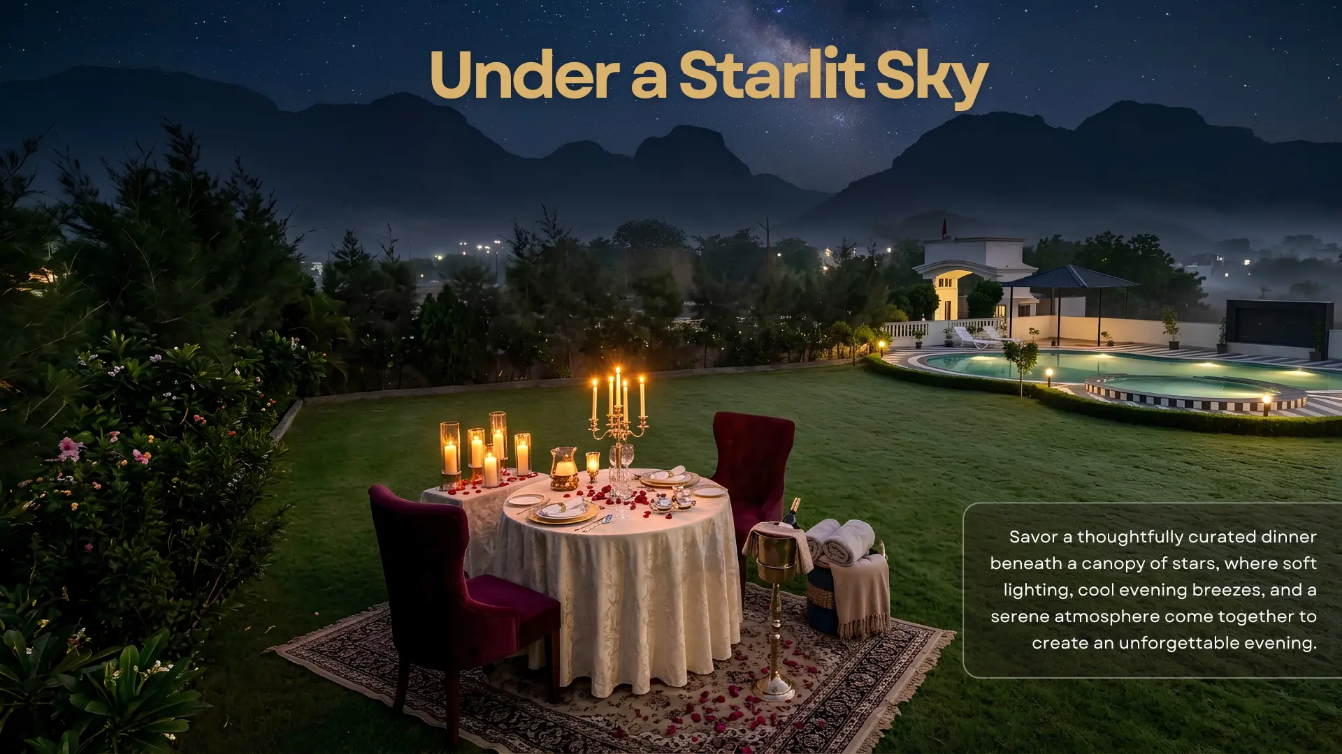 Candlelit private dinner on the lawn under a starlit sky