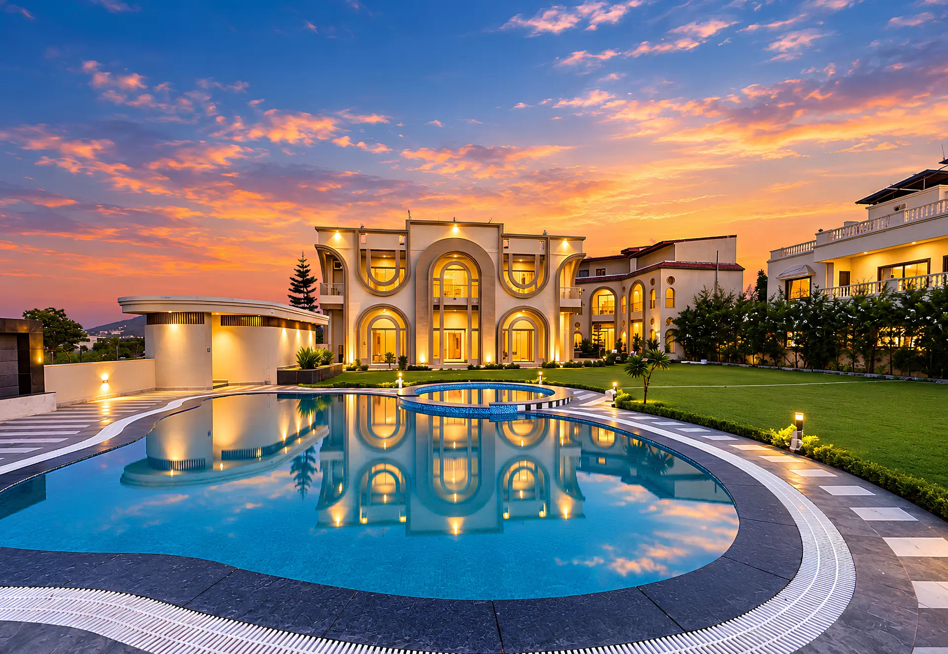 Oryana Resort pool and lawn at dusk