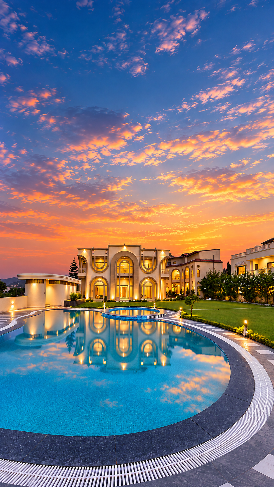 Oryana Resort pool reflecting the sunset sky