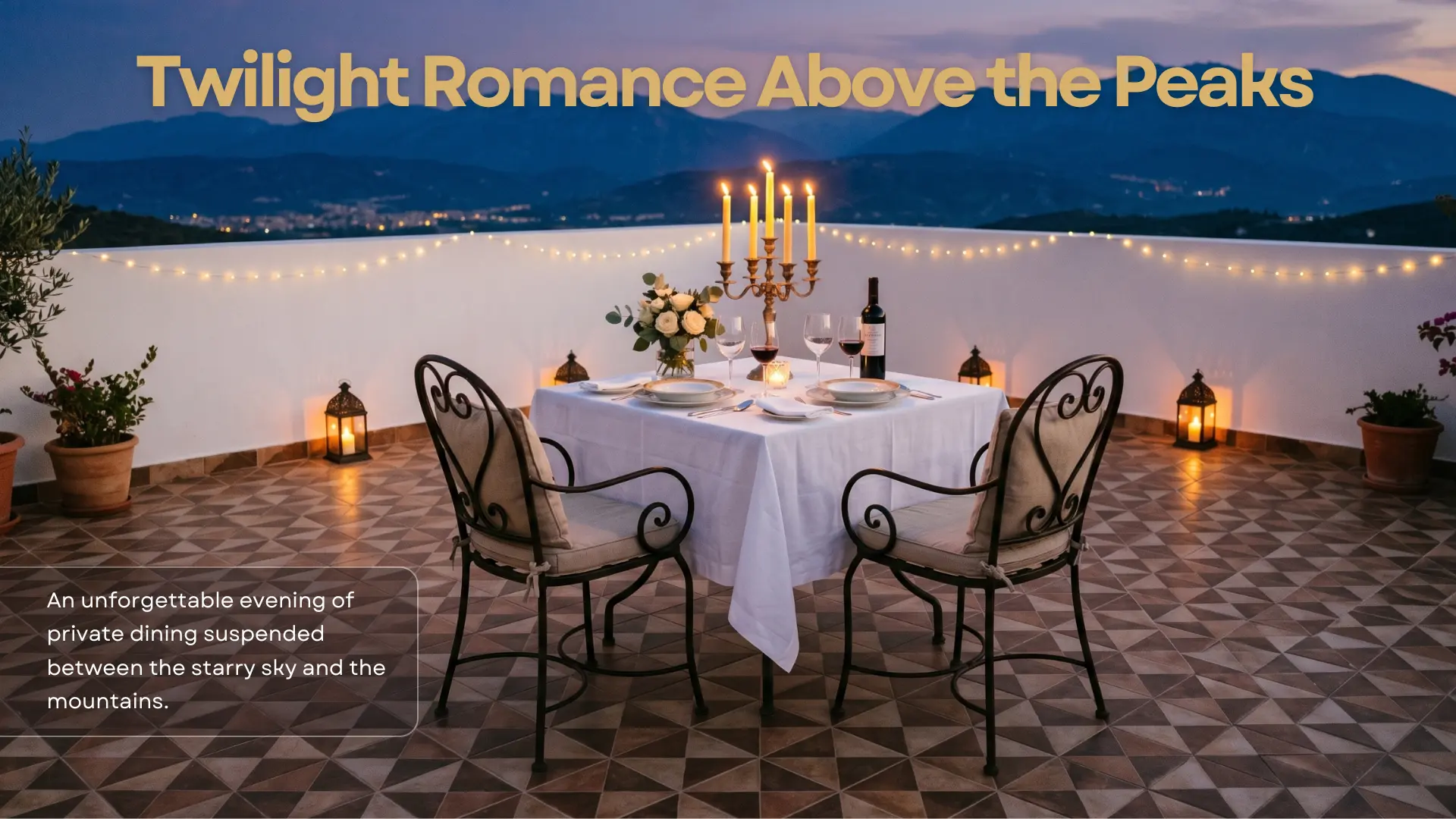 Twilight rooftop dining setup above the peaks
