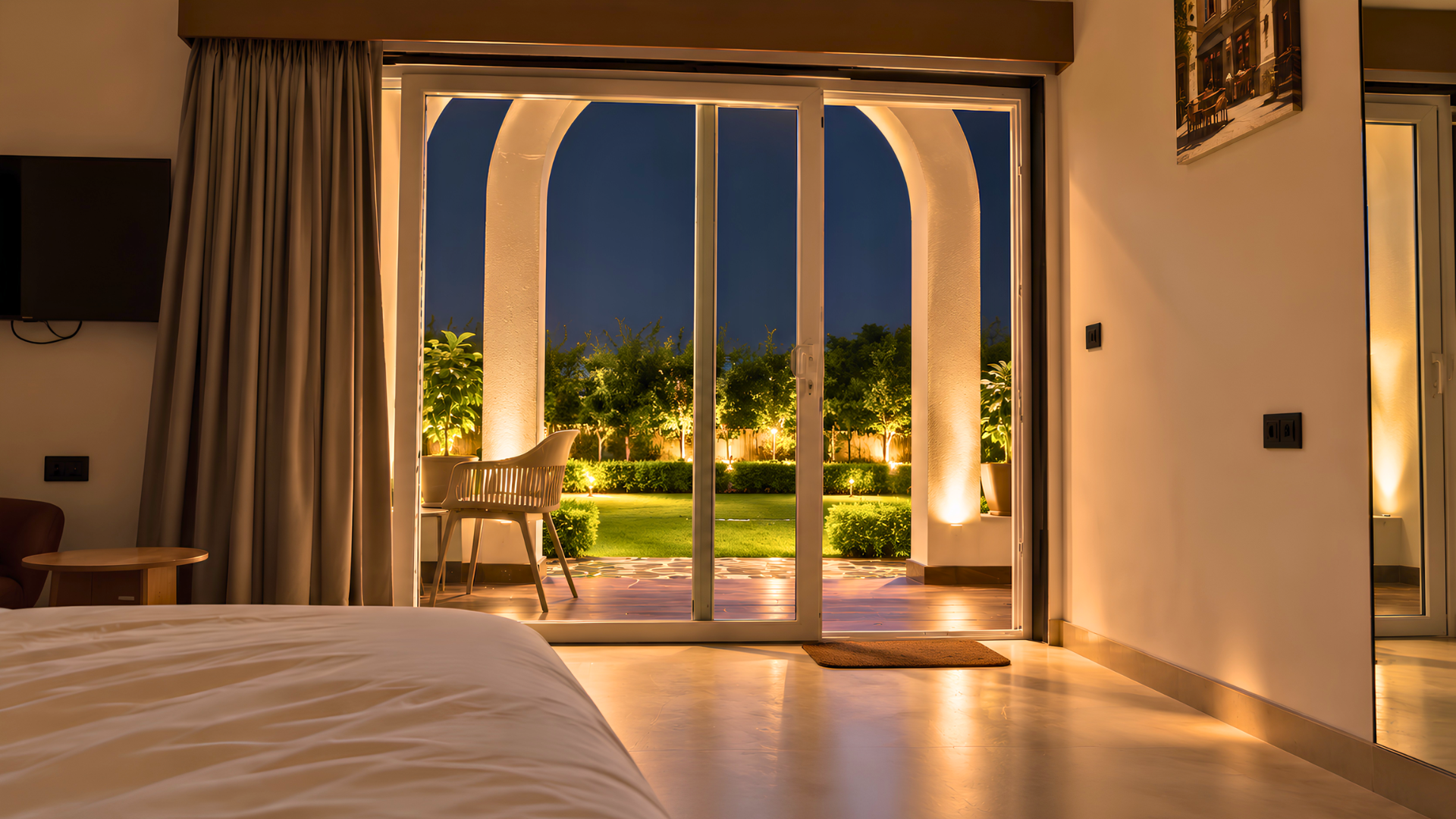 Suite overlooking the resort at night