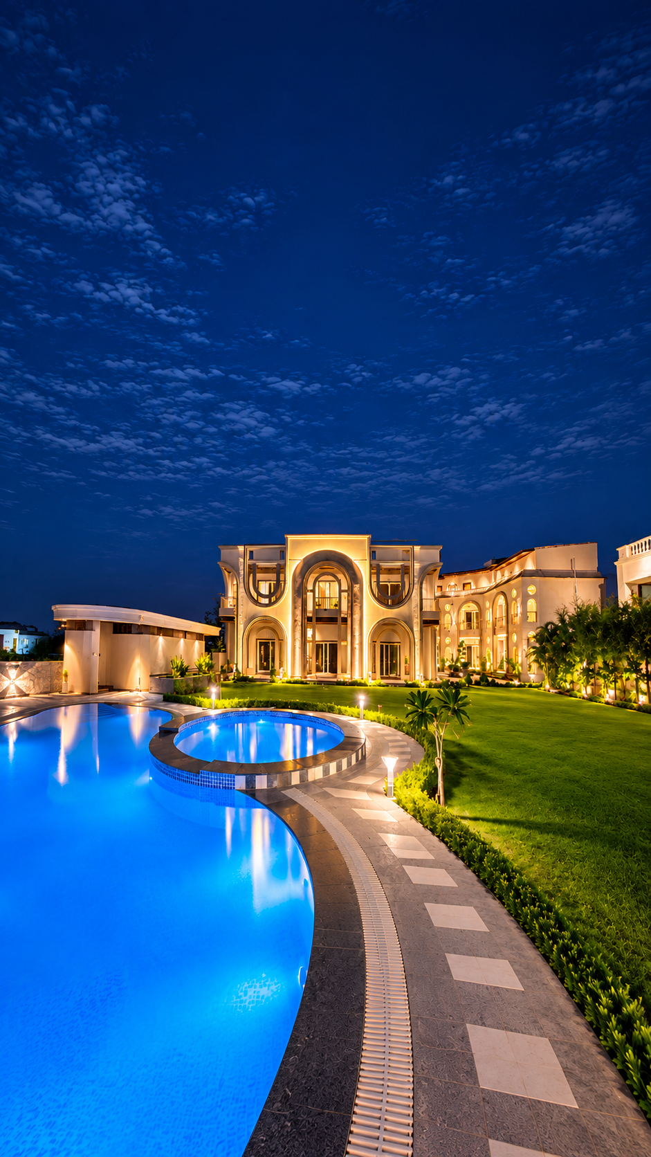 Oryana Resort pool and facade lit up at night